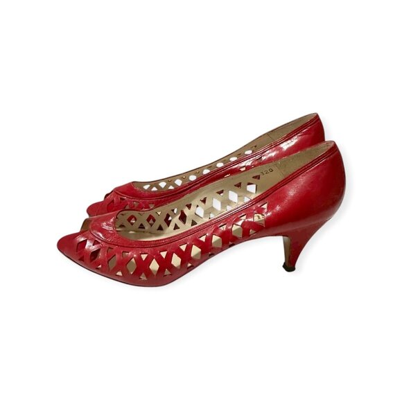 Vintage 1980s Nogueron Cherry Red Cut-Out Leather Pumps Made in Spain - Picture 5 of 13